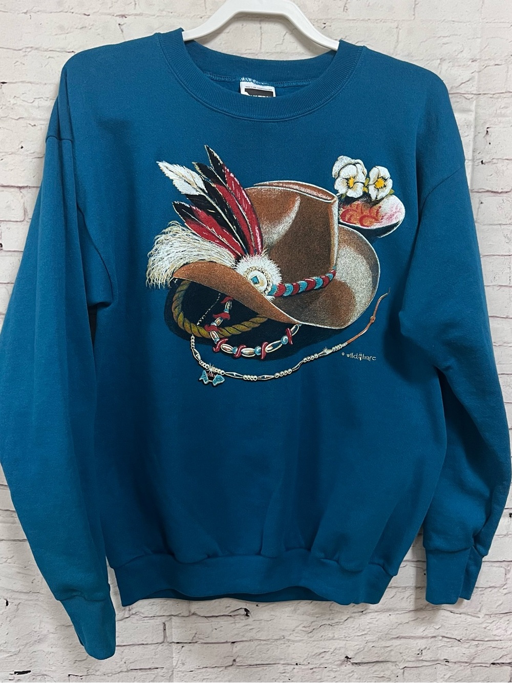 NOS Vtg 90s Wild Hare Cowboy Hat Sweatshirt L Teal Turquoise Tultex USA Western
